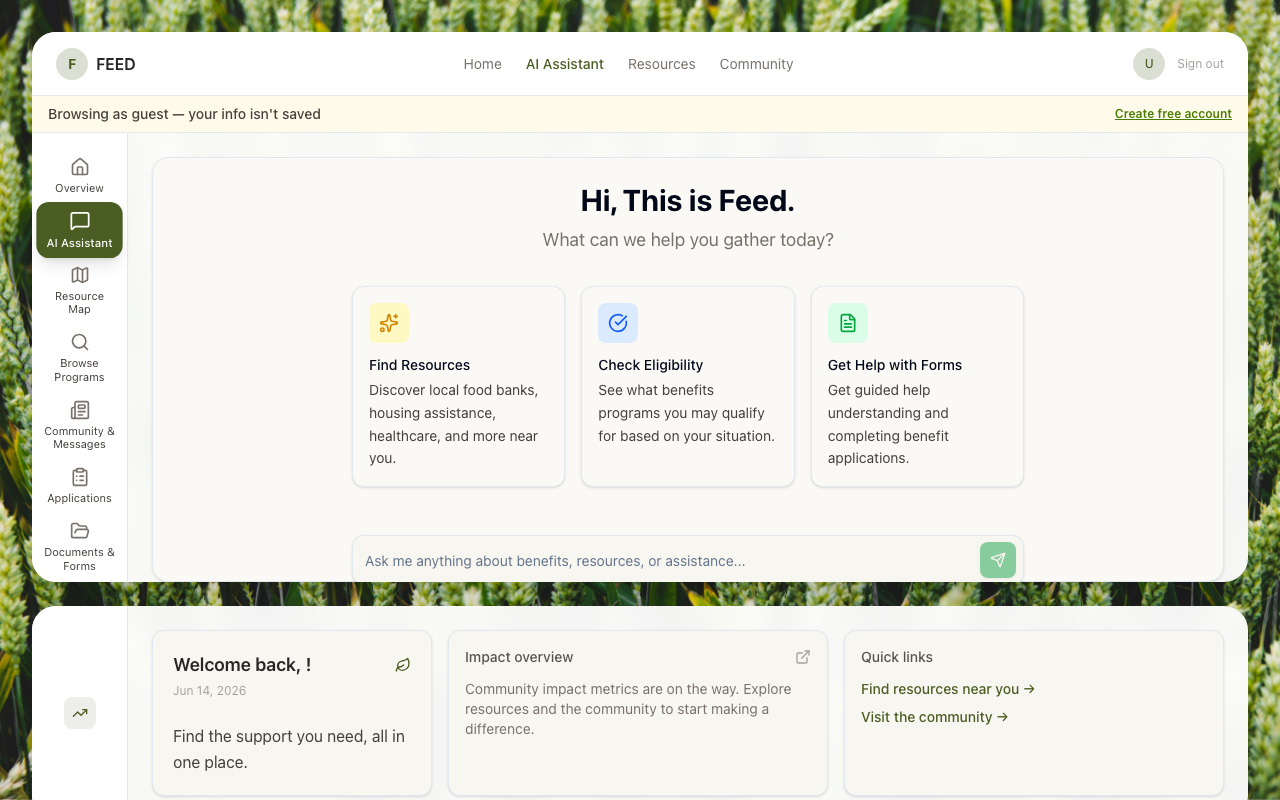 FEED AI assistant answering a question about local food programs and benefits near you