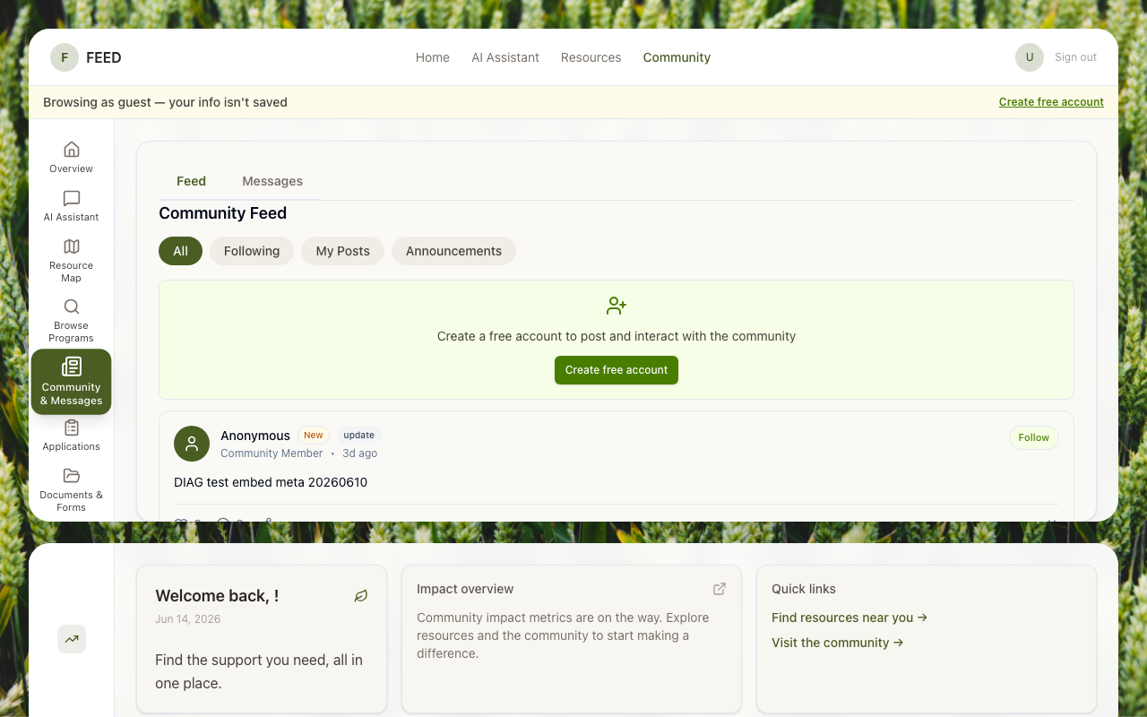 FEED community screen showing neighbor posts, mutual aid offers, and safety alert pins