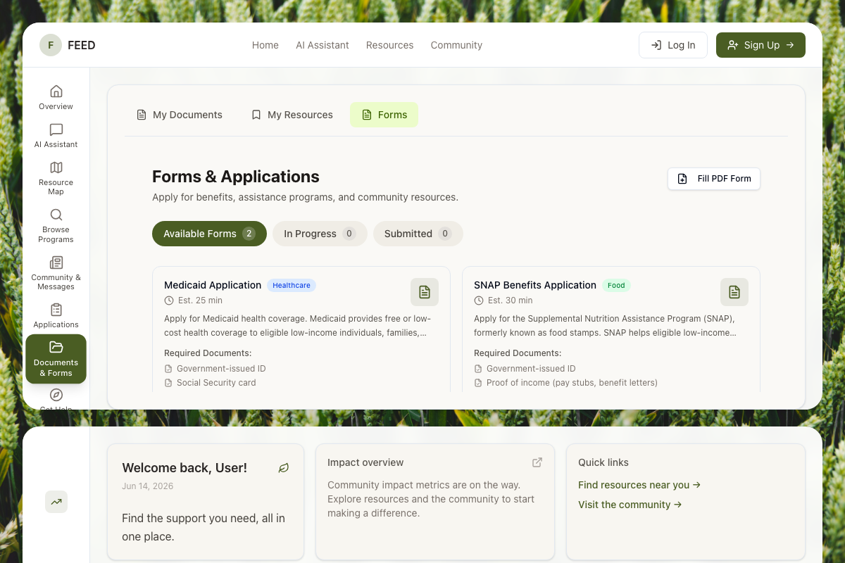 FEED forms panel with auto-filled application fields ready for e-signature