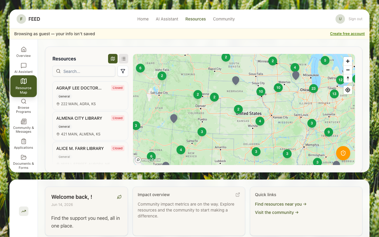 FEED community map with neighbor pins, safety alerts, and local resource markers