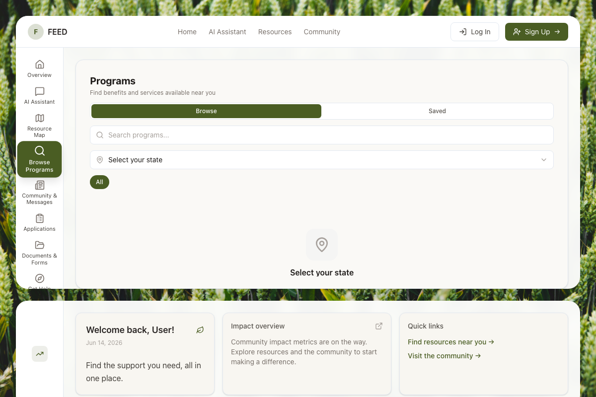FEED Browse Programs screen listing benefit categories available to search