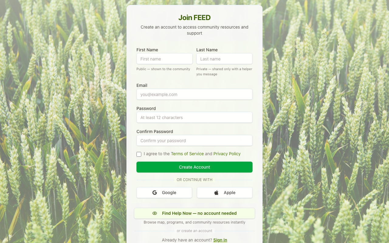 FEED sign-up screen with email and Google sign-in options