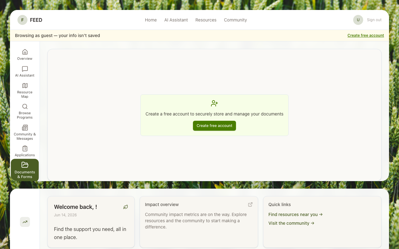 FEED secure vault showing encrypted documents organized by category